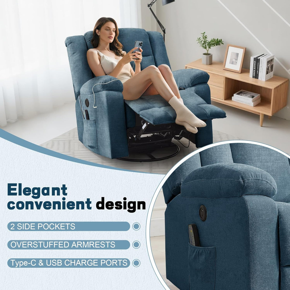 Rocker Recliner, Glider Recliner Chairs for Adults, 360° Swivel Rocking Chair with Massage and Heating, Nursery Chair with Storage and USB Charging for Living Room, Bedroom, Nursery