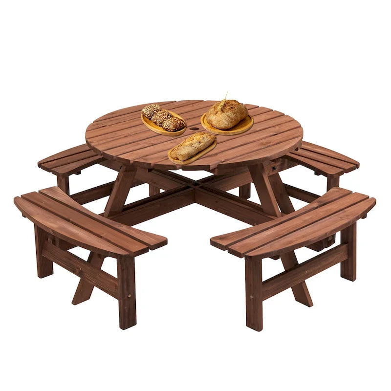 8-Person Outdoor Patio Fir Wood Round Picnic Dining Set with 4 Built-in Benches and Umbrella Hole