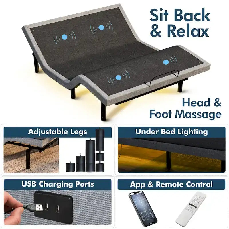 Adjustable Bed Frame with Medium Gel Memory Foam Mattress, Dual Massage, USB Ports, App, Remote