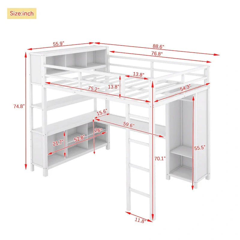 Off-White Metal Loft Bed with Desk and Wardrobe - Full Size