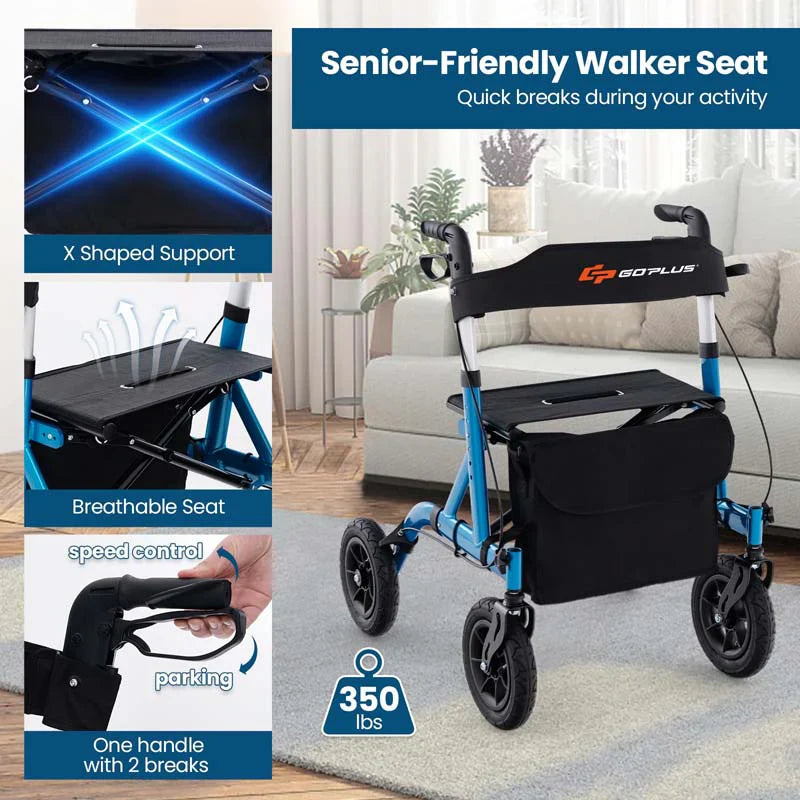 Foldable Rolling Walker with 9.5" All Terrain Pneumatic Wheel, Heavy Duty Height Adjustable Rollator Walker with Seat for Seniors