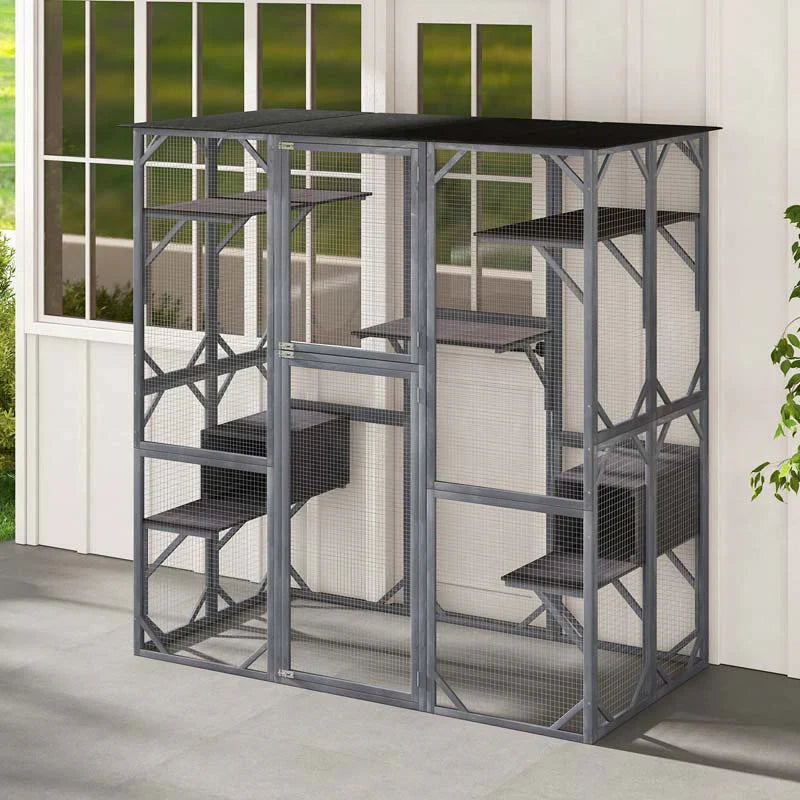 71" Tall Large Cat House Outdoor Catio Kitty Enclosure, Walk-in Cat Kennel Condo, Wooden Cat Cage Playpen with 7 Platforms