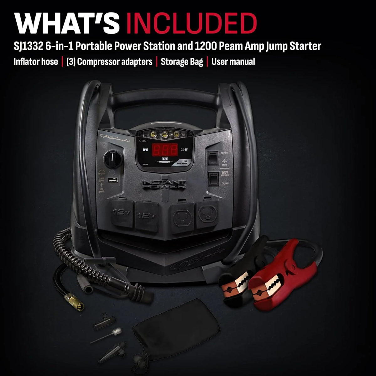 SJ1332 6-in-1 Portable Power Station and Jump Starter with 150-PSI Air Compressor and 200 Continuous/400 Peak Watt Power Inverter, 1200 Peak Amps, 12 Volts, Black, 1 unit