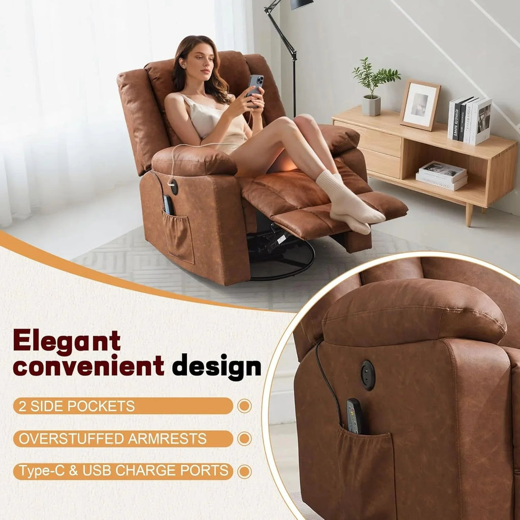 Rocker Recliner, Glider Recliner Chairs for Adults, 360° Swivel Rocking Chair with Massage and Heating, Nursery Chair with Storage and USB Charging for Living Room, Bedroom, Nursery