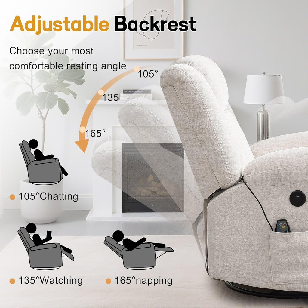 Rocker Recliner, Glider Recliner Chairs for Adults, 360° Swivel Rocking Chair with Massage and Heating, Nursery Chair with Storage and USB Charging for Living Room, Bedroom, Nursery