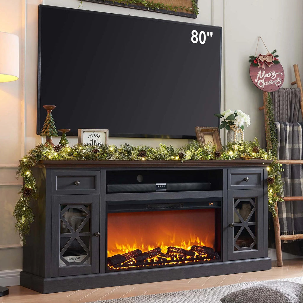SinCiDo Farmhouse Fireplace TV Stand with 36" Electric Fireplace for 80 Inch TVs, 31" Tall Entertainment Center w/Drawer & Diamond Panel Door, Highboy Media Console for Living Room, 70inch, White