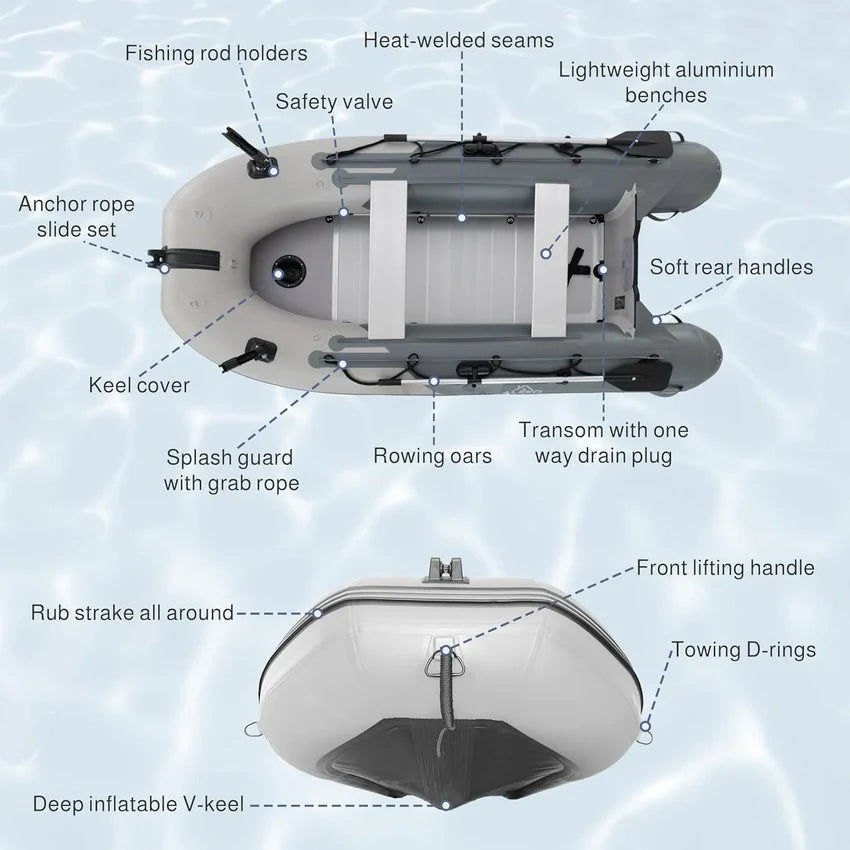 Inflatable Boat | Yacht Dinghy Tender Raft | Multi Person Fishing Boat | Aluminum Floor Oars | Fishing Rod Holders | Heavy-Duty PVC | 2024 Model |