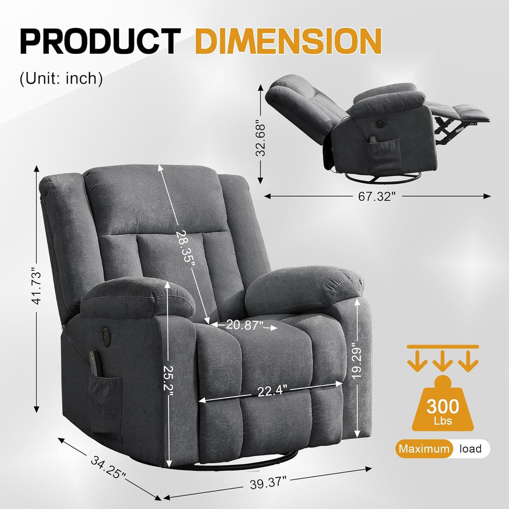 Rocker Recliner, Glider Recliner Chairs for Adults, 360° Swivel Rocking Chair with Massage and Heating, Nursery Chair with Storage and USB Charging for Living Room, Bedroom, Nursery