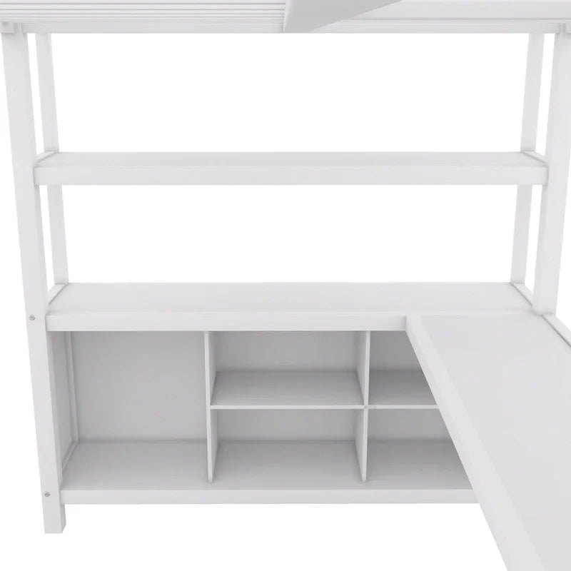 Off-White Metal Loft Bed with Desk and Wardrobe - Full Size