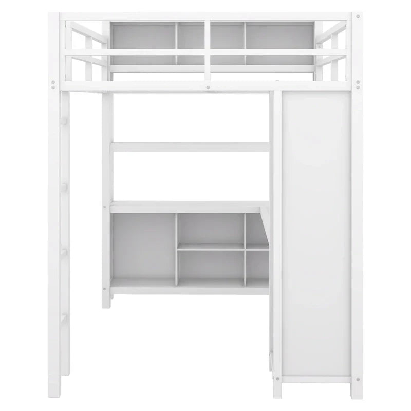 Off-White Metal Loft Bed with Desk and Wardrobe - Full Size