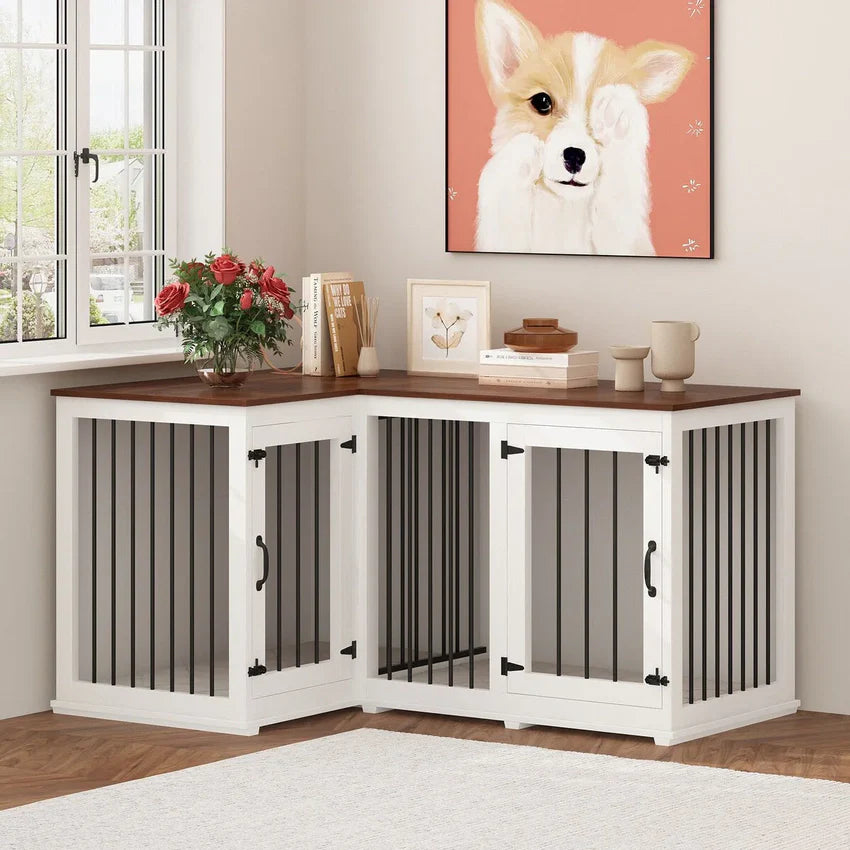 Large Corner Dog Crate Furniture for 2 Dogs, L Shape Dog Crate Cage - 58.7X41.1