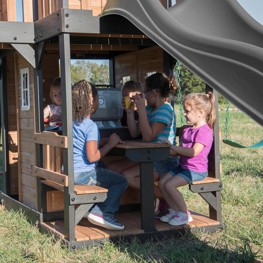 Canyon Creek Cedar Wood Swing Set with Wave Slide, Clubhouse, Play Kitchen, Picnic Area, Belt Swings, Web Swing, Rock Wall, Balconies, Playhouse, Step Ladder, Outdoor Playset