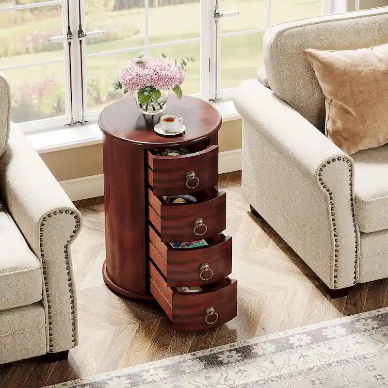 No Assembly Solid Wood End Table, Vintage Round Side Drawers Table