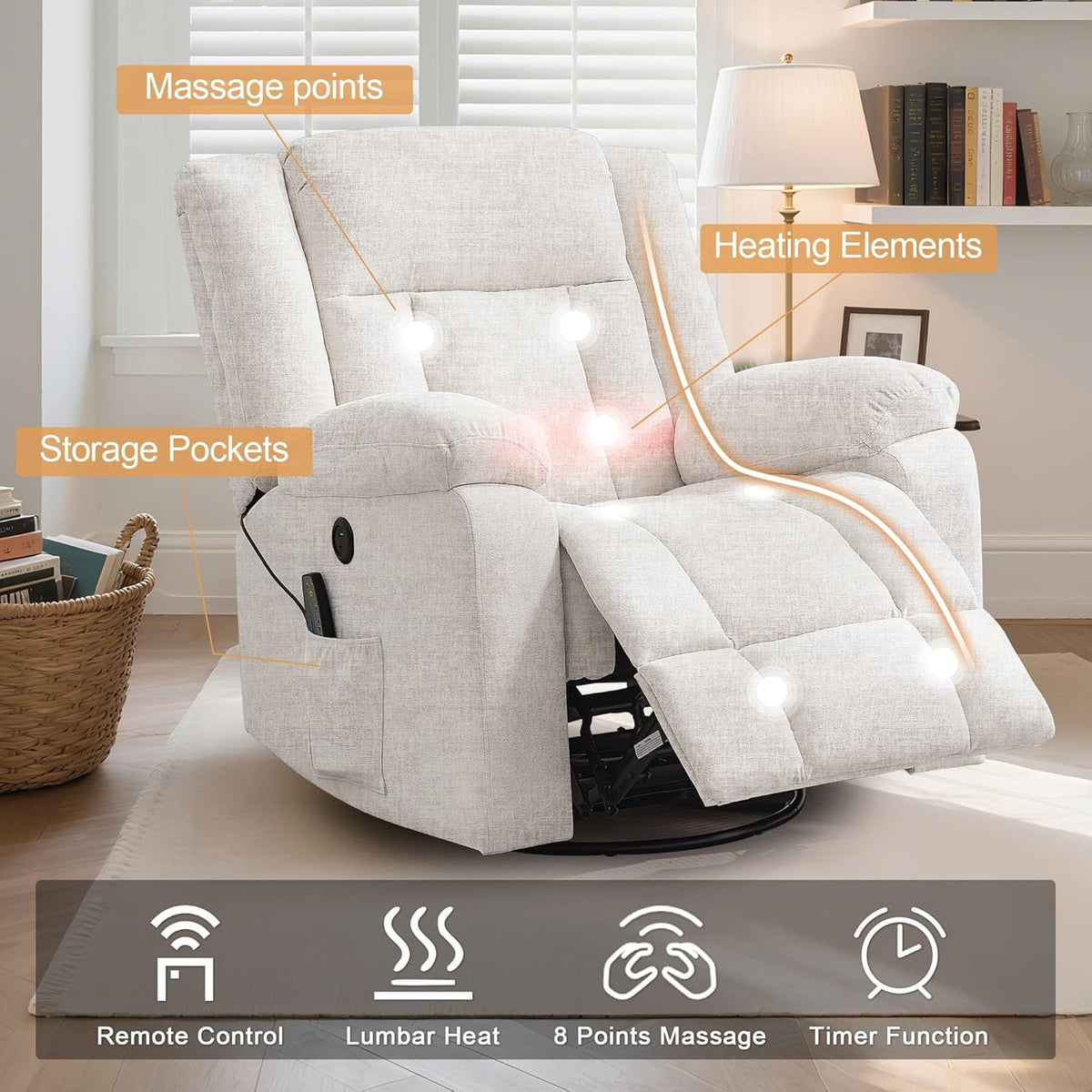 Rocker Recliner, Glider Recliner Chairs for Adults, 360° Swivel Rocking Chair with Massage and Heating, Nursery Chair with Storage and USB Charging for Living Room, Bedroom, Nursery
