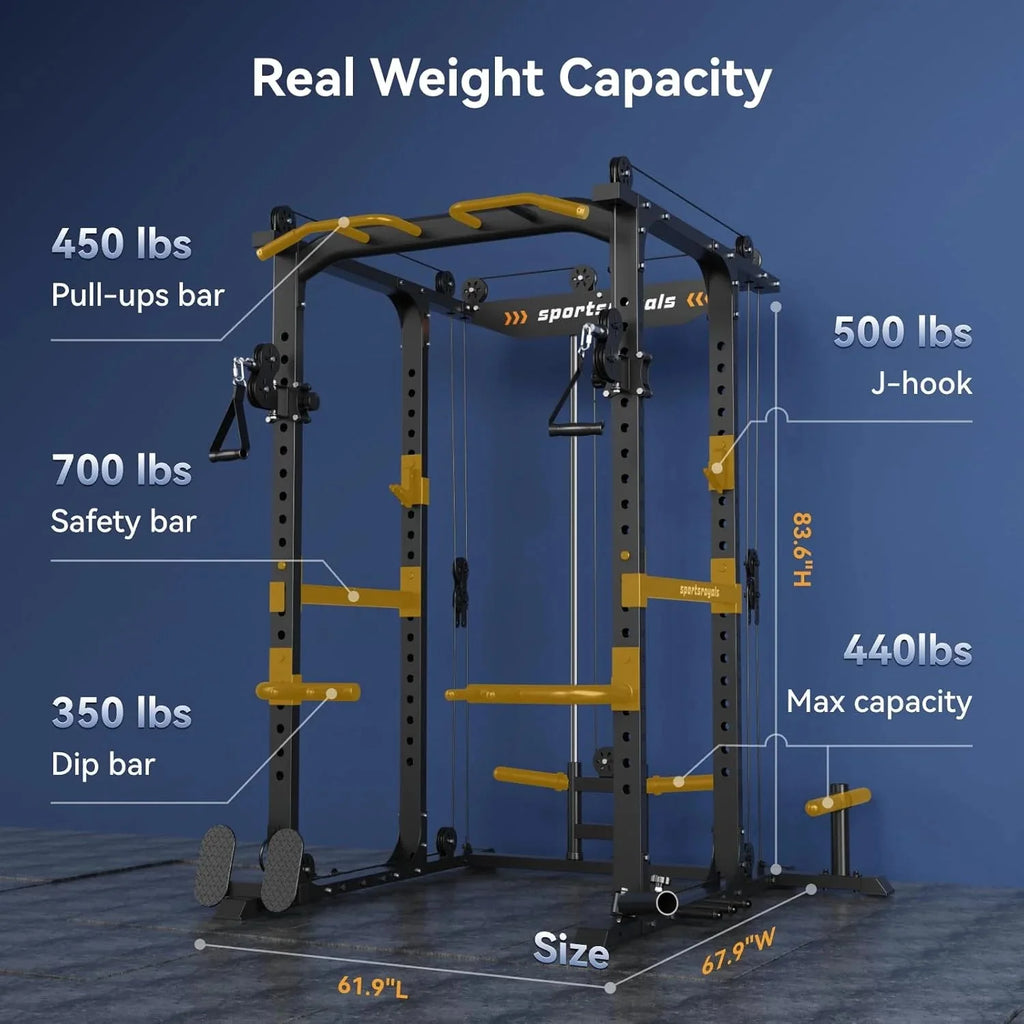 Sportsroyals Power Cage,1600lbs Multi-Function Power Rack with Adjustable Cable Crossover System and More Training Attachment, Weight Cage for Home Gym