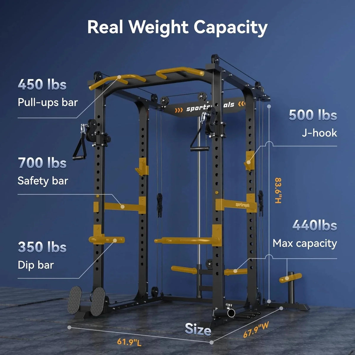 Sportsroyals Power Cage,1600lbs Multi-Function Power Rack with Adjustable Cable Crossover System and More Training Attachment, Weight Cage for Home Gym