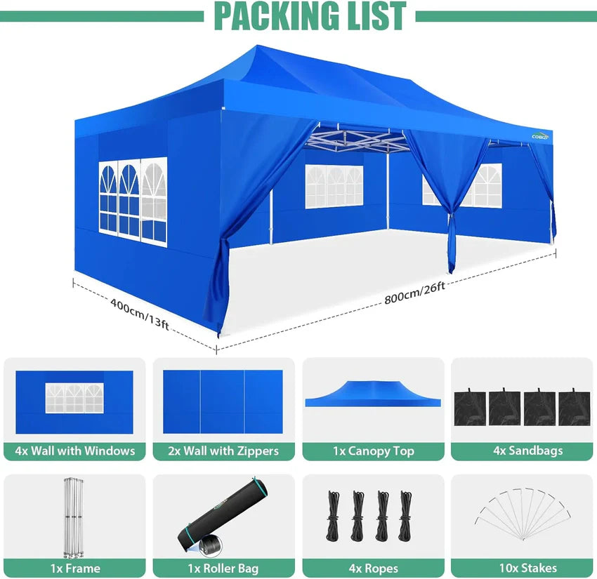 COBIZI 10x20 Heavy Duty Pop up Canopy Tent with 6 sidewalls Easy Up Commercial Outdoor Canopy Wedding Party Tents for Parties All Season Wind & Waterproof Gazebo with Roller Bag,Black(Frame Thickened)