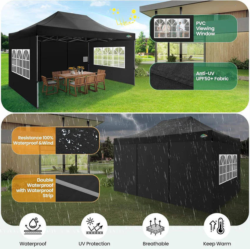COBIZI 10x20 Heavy Duty Pop up Canopy Tent with 6 sidewalls Easy Up Commercial Outdoor Canopy Wedding Party Tents for Parties All Season Wind & Waterproof Gazebo with Roller Bag,Black(Frame Thickened)