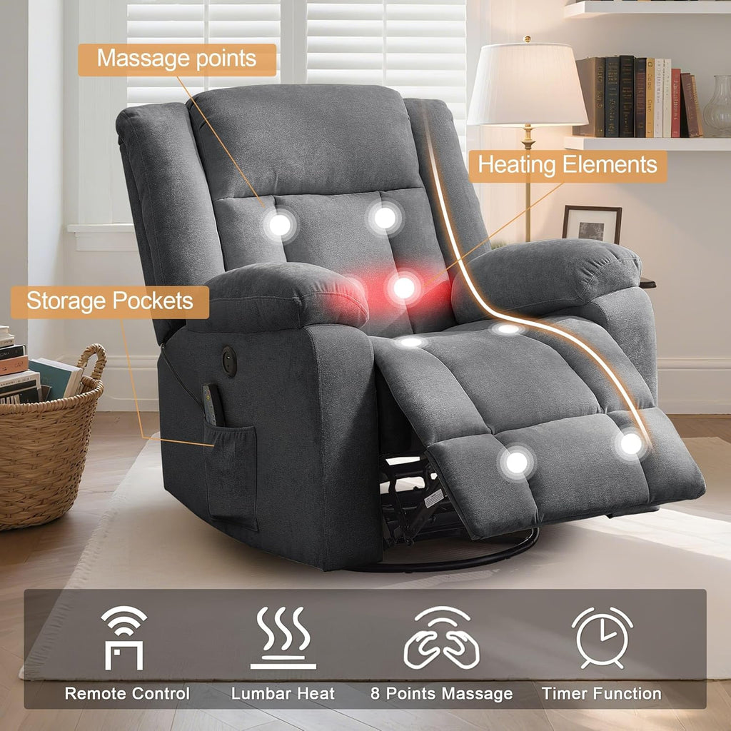 Rocker Recliner, Glider Recliner Chairs for Adults, 360° Swivel Rocking Chair with Massage and Heating, Nursery Chair with Storage and USB Charging for Living Room, Bedroom, Nursery