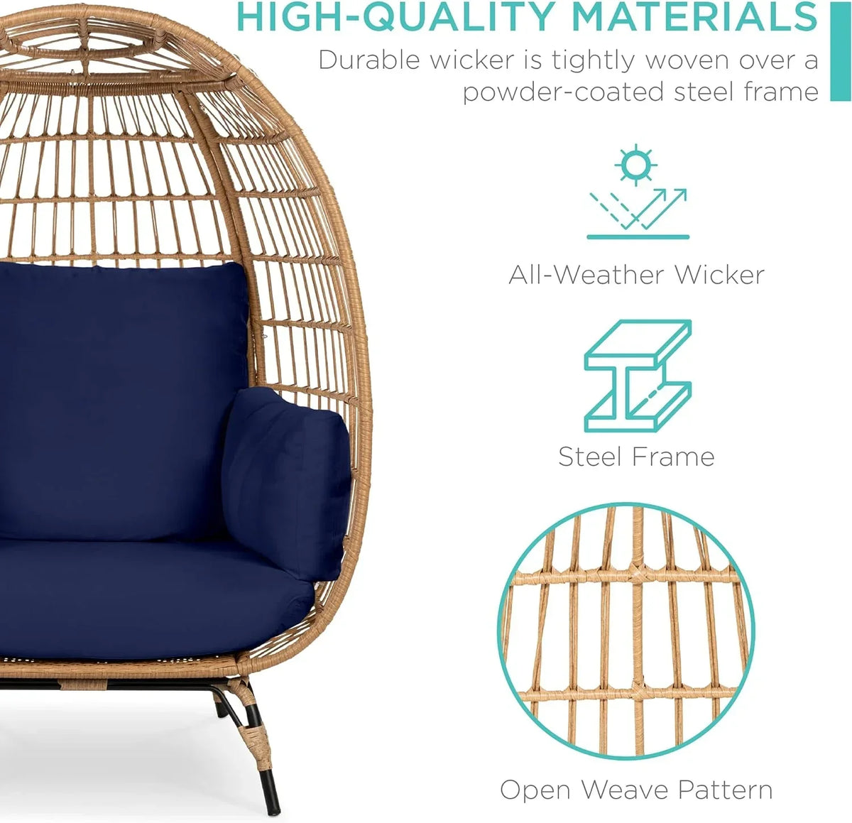 Ivory Wicker Egg Chair, Oversized Indoor Lounger, 440lb Capacity, Bohemian Style, Steel Frame, Cushions Included