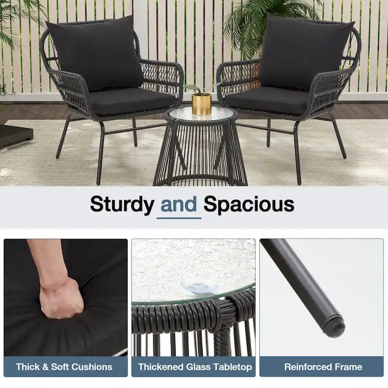 3-Piece Patio Conversation Bistro Set, Outdoor Rattan Furniture Set with Glass Table & 2 Wide Armchairs, Seat Cushions
