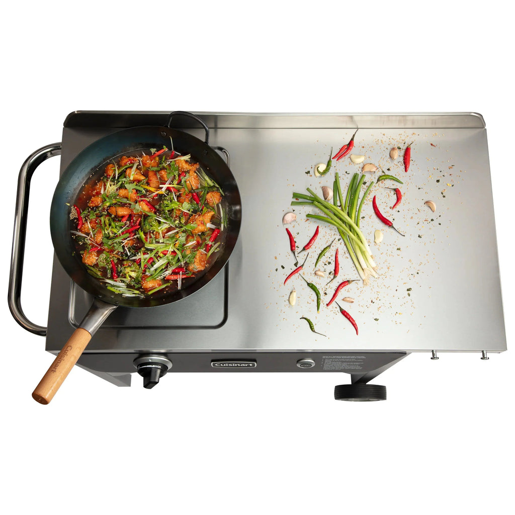 Cuisinart Outdoor Wok Station, 50,000 BTU Propane Outdoor Wok Burner w Prep Table, 14�测�� Carbon Steel Wok for Stir Fry, Searing, BBQ �� Black