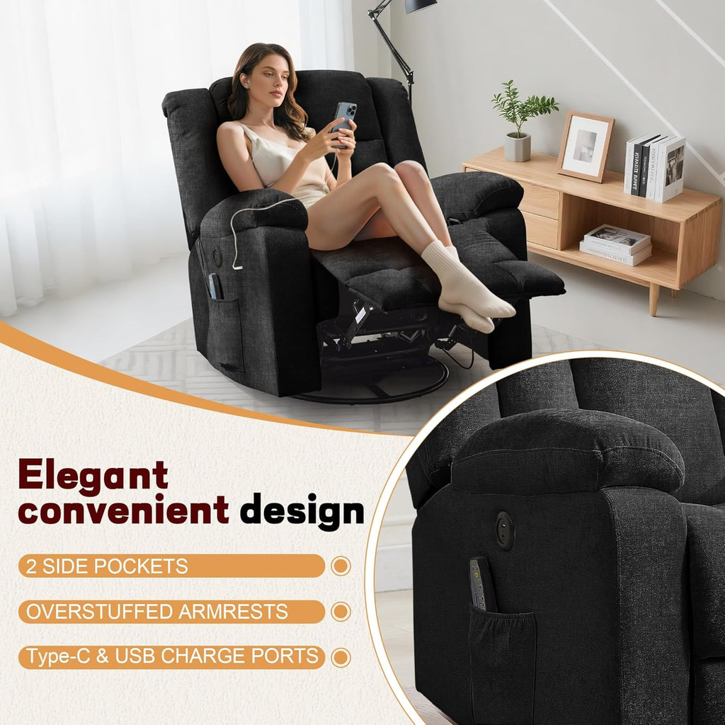 Rocker Recliner, Glider Recliner Chairs for Adults, 360° Swivel Rocking Chair with Massage and Heating, Nursery Chair with Storage and USB Charging for Living Room, Bedroom, Nursery