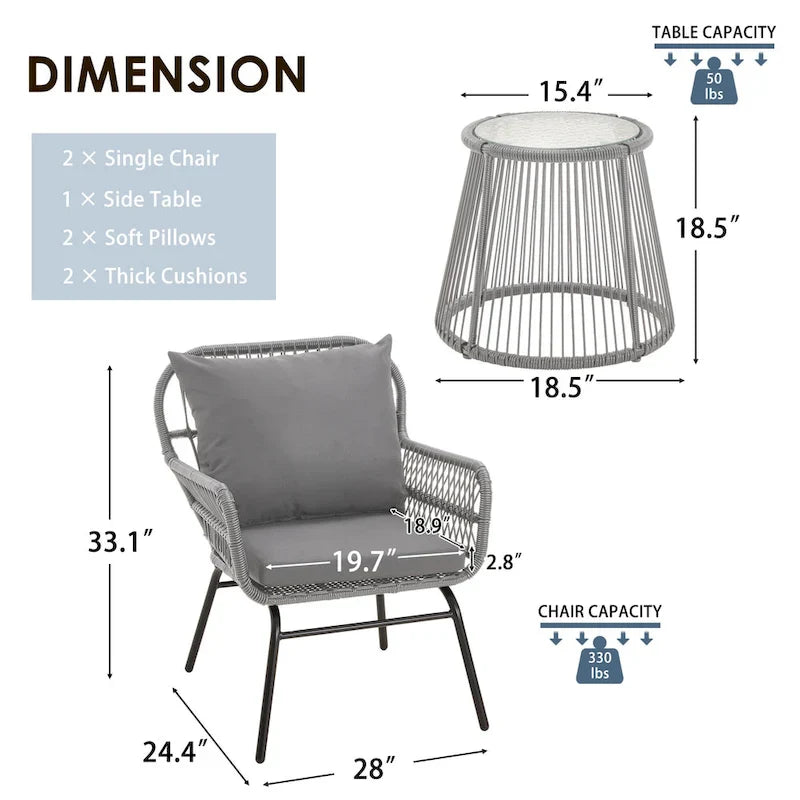 3-Piece Patio Conversation Bistro Set, Outdoor Rattan Furniture Set with Glass Table & 2 Wide Armchairs, Seat Cushions