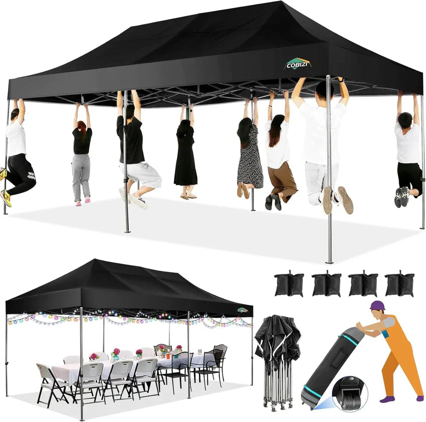 COBIZI 10x20 Heavy Duty Pop up Canopy Tent with 6 sidewalls Easy Up Commercial Outdoor Canopy Wedding Party Tents for Parties All Season Wind & Waterproof Gazebo with Roller Bag,Black(Frame Thickened)