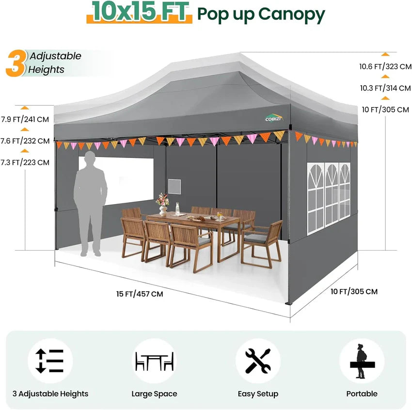 COBIZI 10x20 Heavy Duty Pop up Canopy Tent with 6 sidewalls Easy Up Commercial Outdoor Canopy Wedding Party Tents for Parties All Season Wind & Waterproof Gazebo with Roller Bag,Black(Frame Thickened)