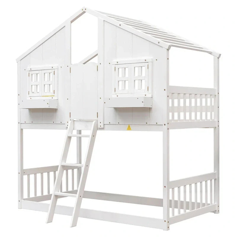 Twin over Twin House Bunk Bed with Roof , Window, Window Box, Door , with Safety Guardrails and Ladder, Grey