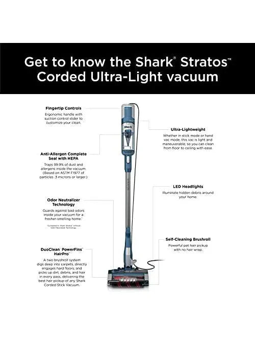 Shark HZ3002 Stratos Ultralight Corded Stick Vacuum with DuoClean PowerFins HairPro, Self Cleaning Brushroll, & Odor Neutralizer Technology, Navy