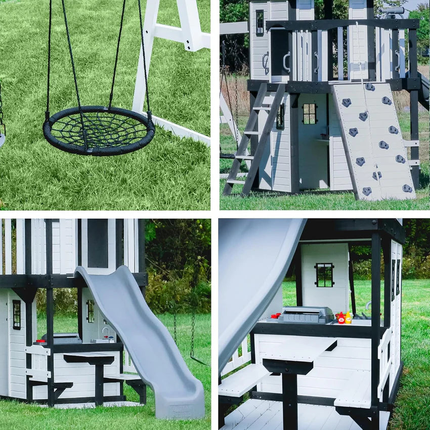Canyon Creek Cedar Wood Swing Set with Wave Slide, Clubhouse, Play Kitchen, Picnic Area, Belt Swings, Web Swing, Rock Wall, Balconies, Playhouse, Step Ladder, Outdoor Playset