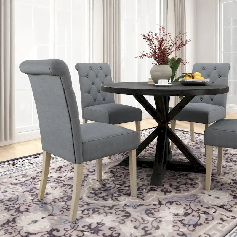5 Piece Dining Table Set, Wooden Kitchen Furniture Set, Round Table with Cross-Buck Pedestal Base and 4 Tufted Chairs