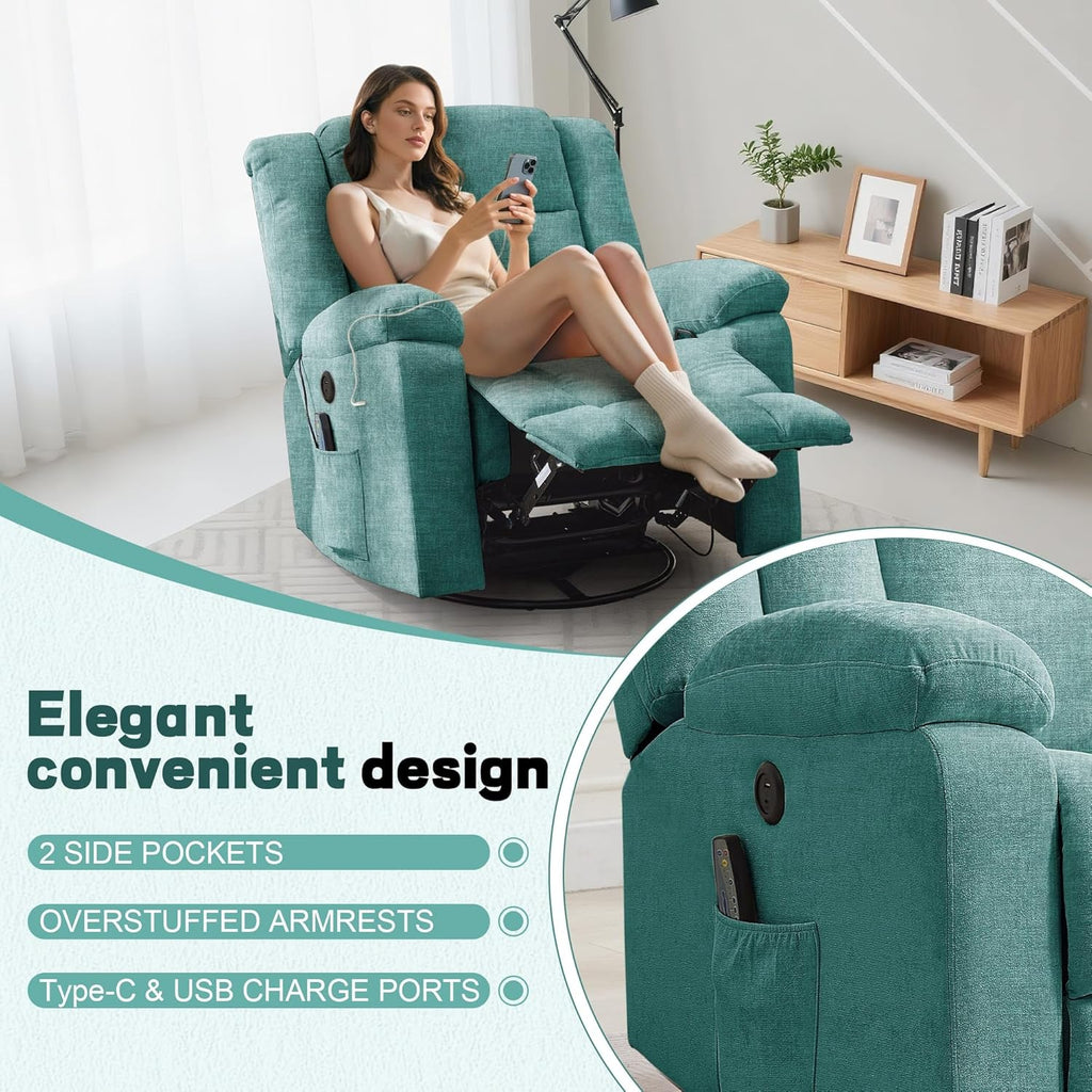 Rocker Recliner, Glider Recliner Chairs for Adults, 360° Swivel Rocking Chair with Massage and Heating, Nursery Chair with Storage and USB Charging for Living Room, Bedroom, Nursery