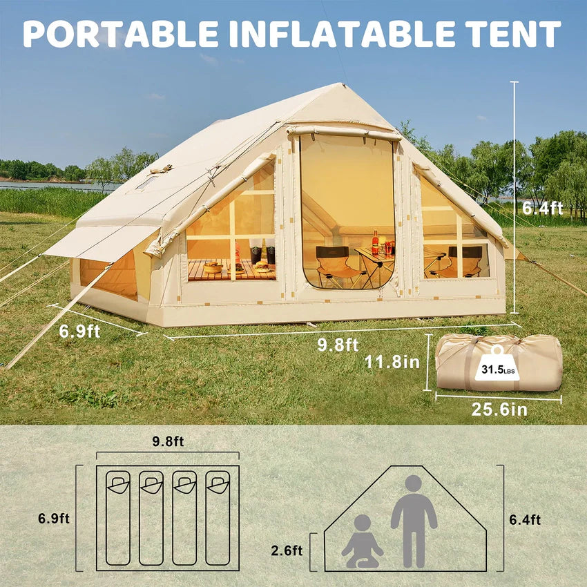 6 Person Inflatable Camping Tent with Pump, 10ft x7ft Glamping Family Tent Easy Setup 4 Season Waterproof Windproof Outdoor Blow Up Tent Luxury Oxford Cabin with Mesh Windows & Doors  sgtnighsdesigns