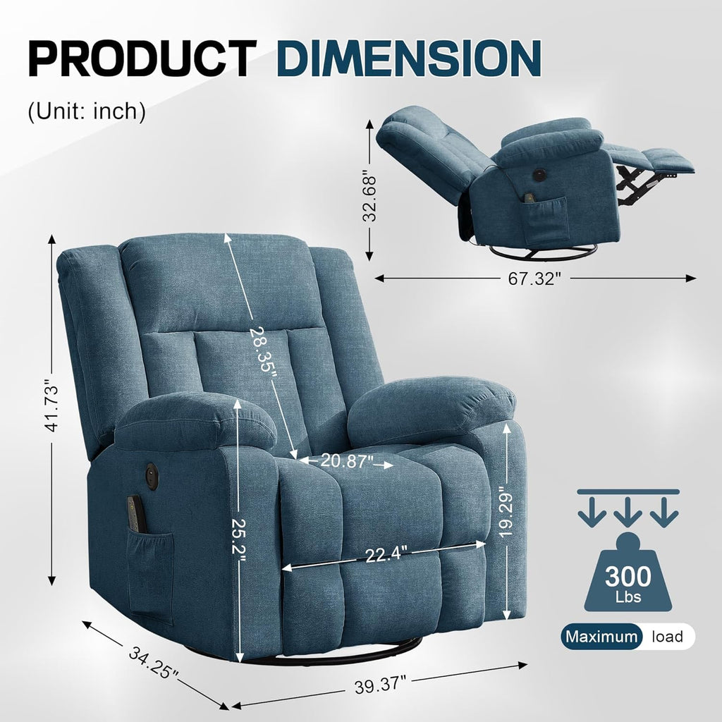 Rocker Recliner, Glider Recliner Chairs for Adults, 360° Swivel Rocking Chair with Massage and Heating, Nursery Chair with Storage and USB Charging for Living Room, Bedroom, Nursery