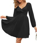 Women's Sweetheart Knot Front Dress Lantern Long Sleeve Smocked Back A-Line Chiffon Mini Dresses