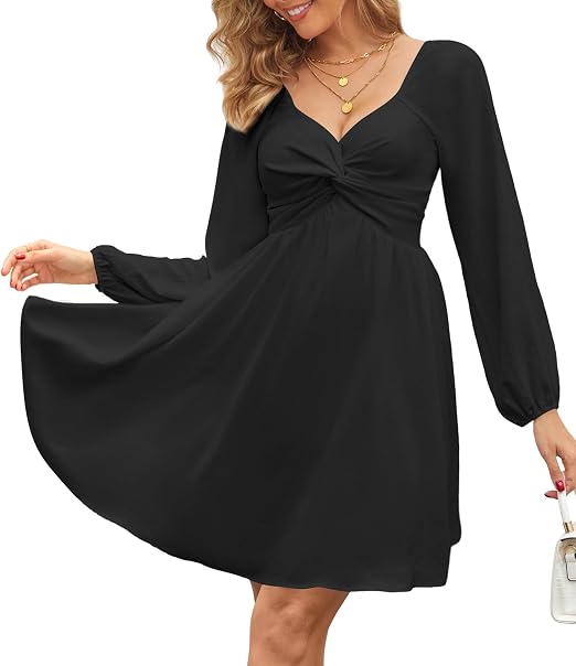 Women's Sweetheart Knot Front Dress Lantern Long Sleeve Smocked Back A-Line Chiffon Mini Dresses