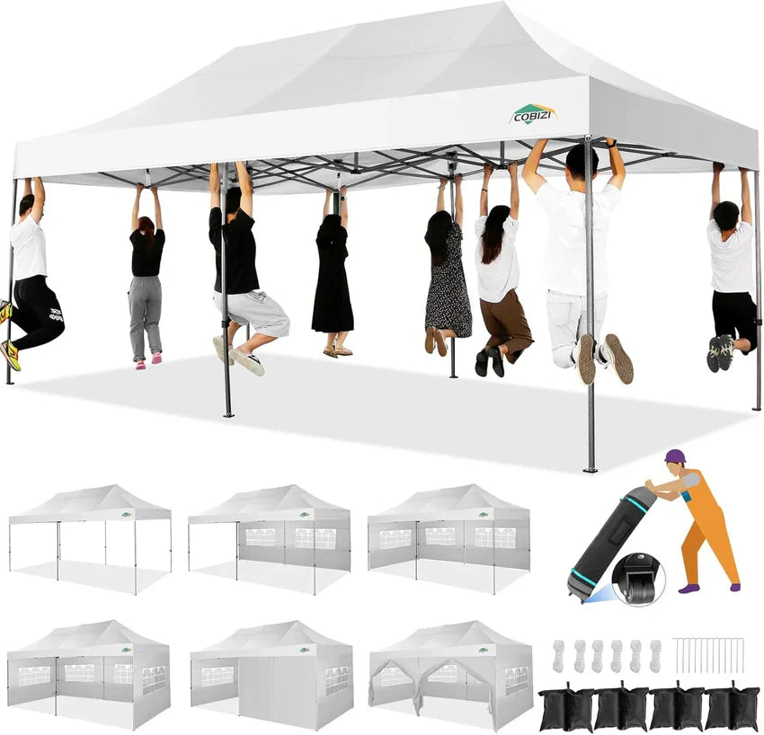 COBIZI 10x20 Heavy Duty Pop up Canopy Tent with 6 sidewalls Easy Up Commercial Outdoor Canopy Wedding Party Tents for Parties All Season Wind & Waterproof Gazebo with Roller Bag,Black(Frame Thickened)