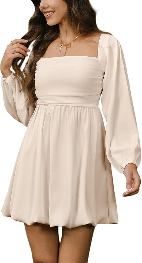 Women's Square Neck Long Sleeve Bubble Mini Dress Pleated Smocked A Line Wedding Dresses