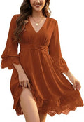Women’s 3/4 Flare Sleeve Lace Dress V-Neck Mini Dresses with Smocked Waist and Pockets, Cocktail Party