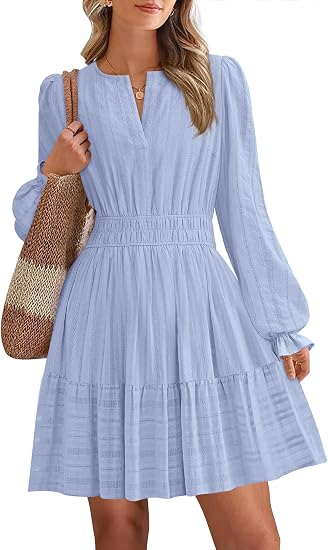 Women Long Sleeve Flowy A Line Mini Fall Dress | V Neck Puff Cuffs Elastic Waist Tiered Ruffle, Lightweight Small Hollow Out, Cute Casual Boho, Party Wedding Guest Dresses
