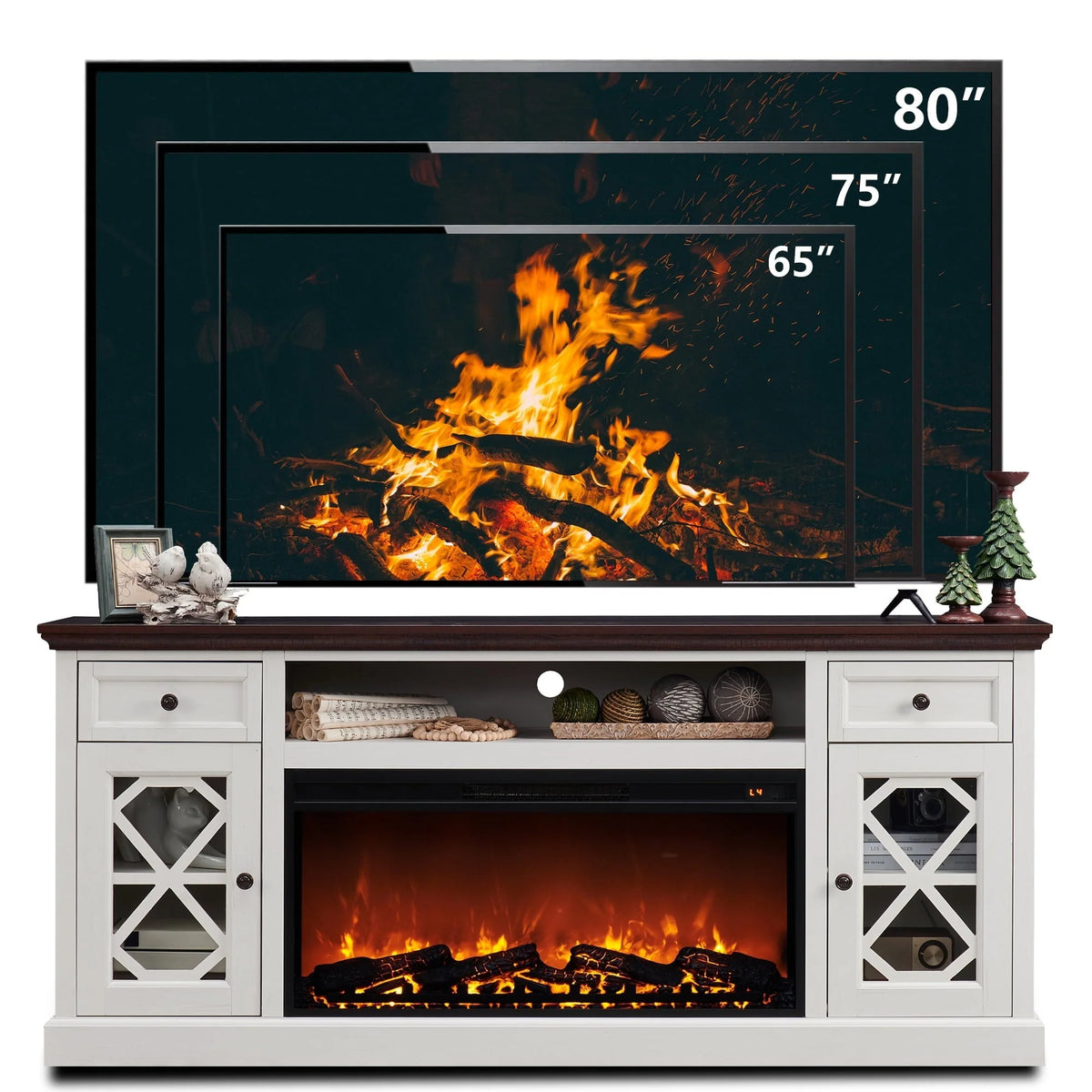 SinCiDo Farmhouse Fireplace TV Stand with 36" Electric Fireplace for 80 Inch TVs, 31" Tall Entertainment Center w/Drawer & Diamond Panel Door, Highboy Media Console for Living Room, 70inch, White