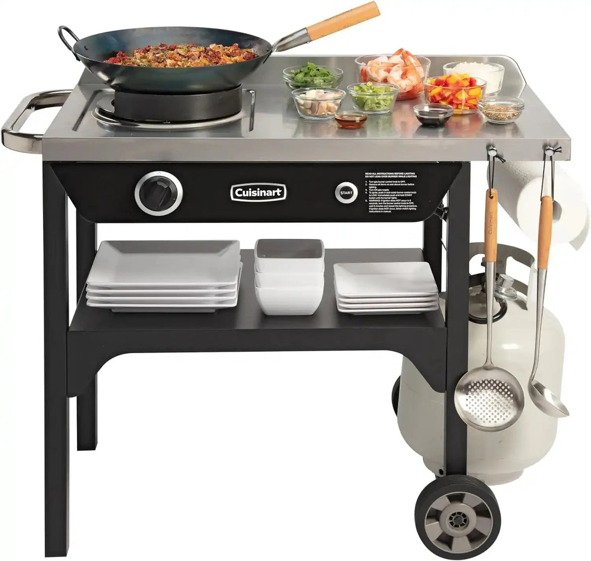 Cuisinart Outdoor Wok Station, 50,000 BTU Propane Outdoor Wok Burner w Prep Table, 14�测�� Carbon Steel Wok for Stir Fry, Searing, BBQ �� Black