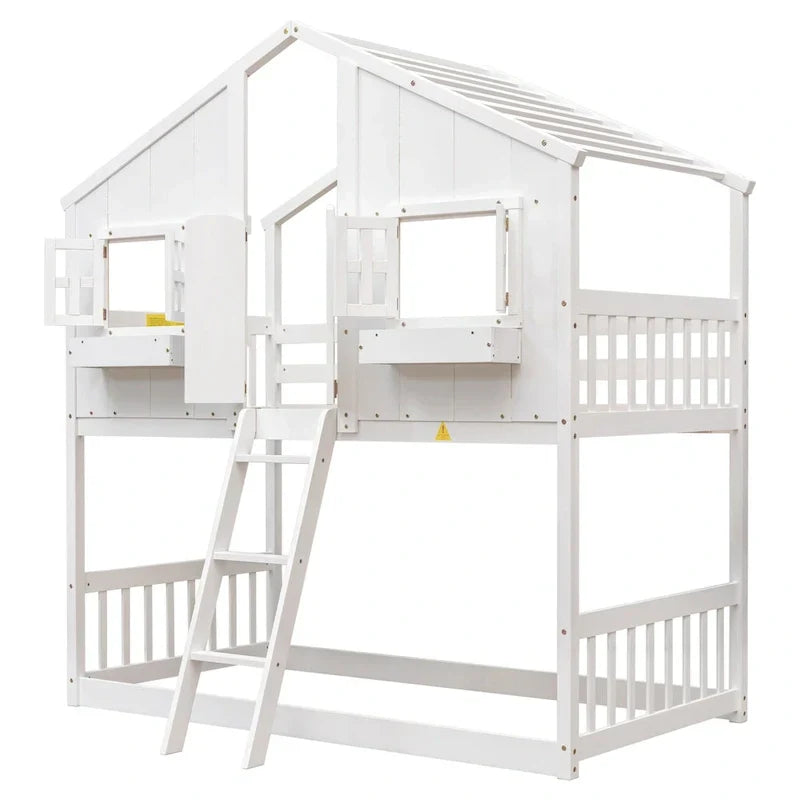 Twin over Twin House Bunk Bed with Roof , Window, Window Box, Door , with Safety Guardrails and Ladder, Grey