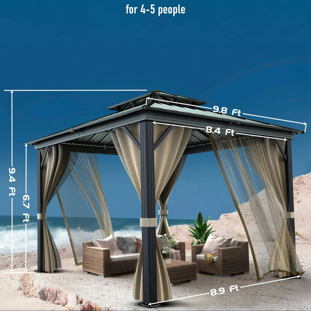 10'x10′ Hardtop Gazebo with double metal roof, aluminum frame, net, and curtain. All-weather, ideal for patio, deck, garden, backyard. Khaki.