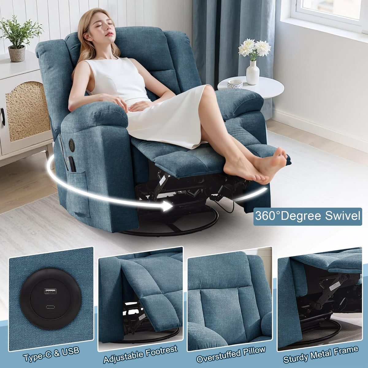 Rocker Recliner, Glider Recliner Chairs for Adults, 360° Swivel Rocking Chair with Massage and Heating, Nursery Chair with Storage and USB Charging for Living Room, Bedroom, Nursery