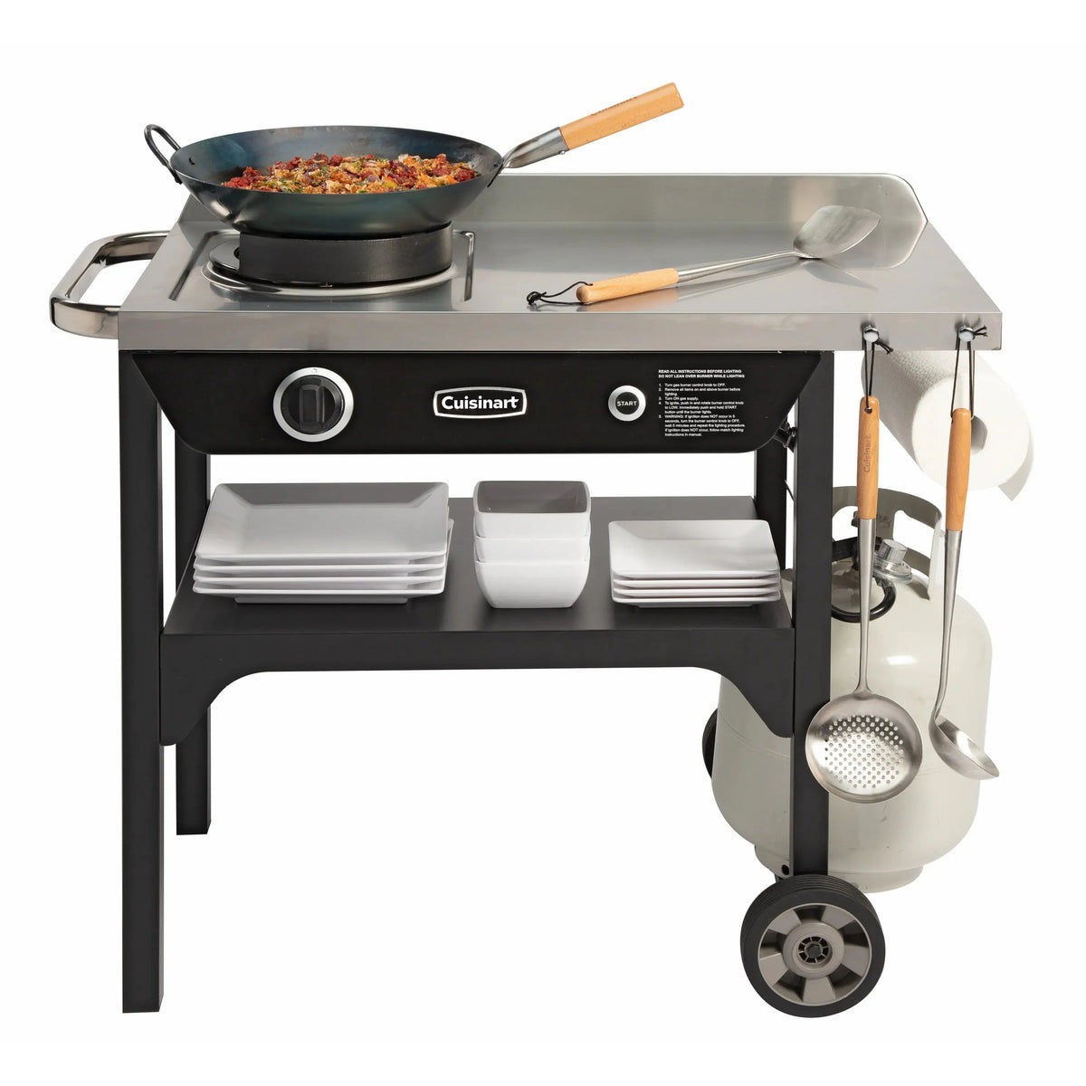 Cuisinart Outdoor Wok Station, 50,000 BTU Propane Outdoor Wok Burner w Prep Table, 14�测�� Carbon Steel Wok for Stir Fry, Searing, BBQ �� Black