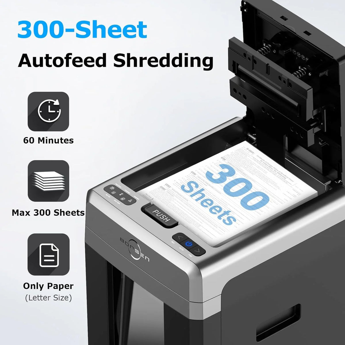 BONSEN 300-Sheet Auto Feed Paper Shredder, 60 Min, P-4, 8.1 Gal, Quiet